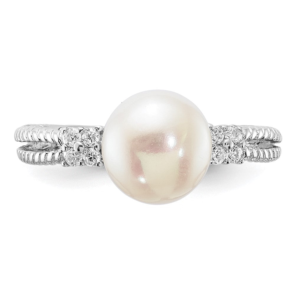 Sterling Silver Rhodium-plated 8-9mm White FWC Pearl and CZ Ring