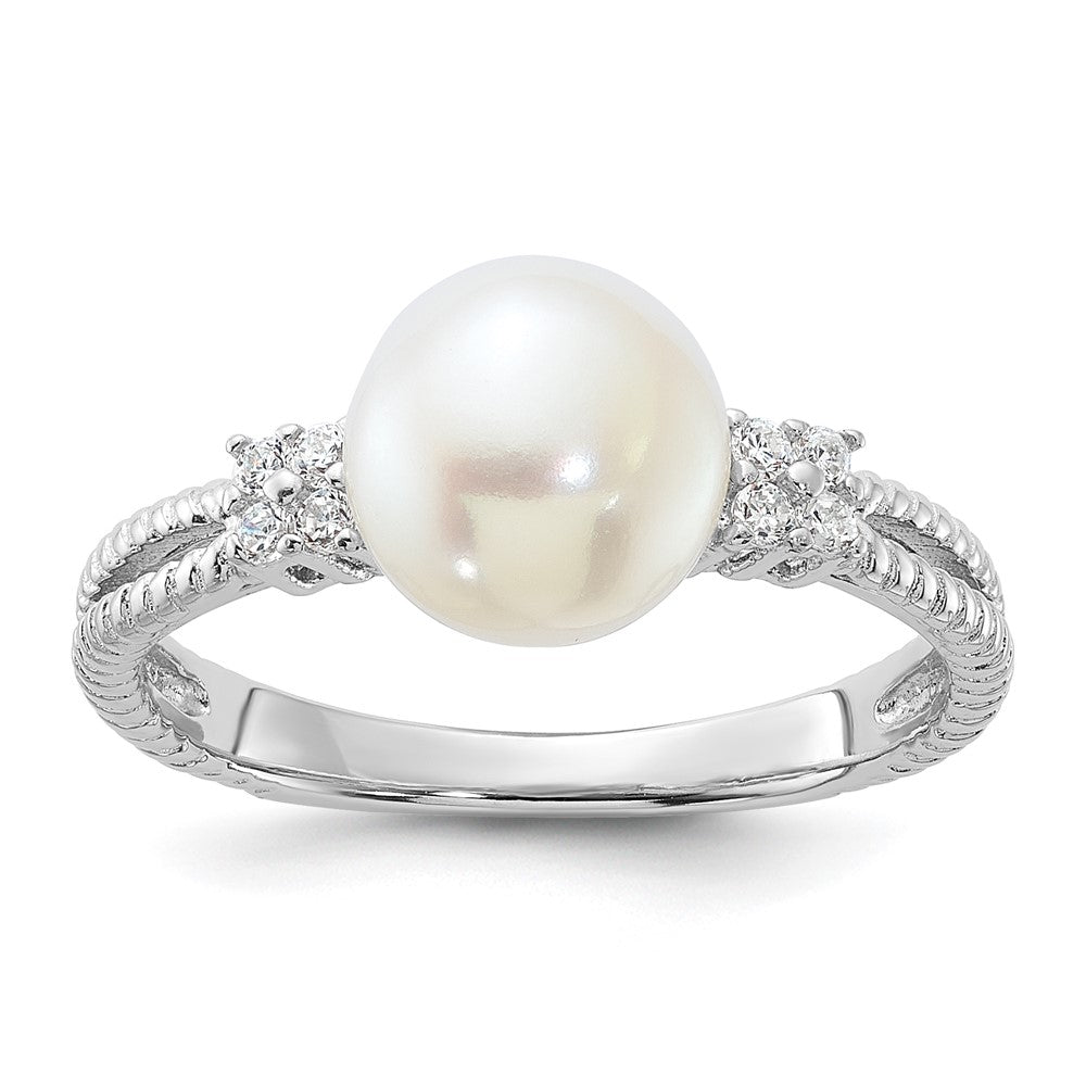 Sterling Silver Rhodium-plated 8-9mm White FWC Pearl and CZ Ring