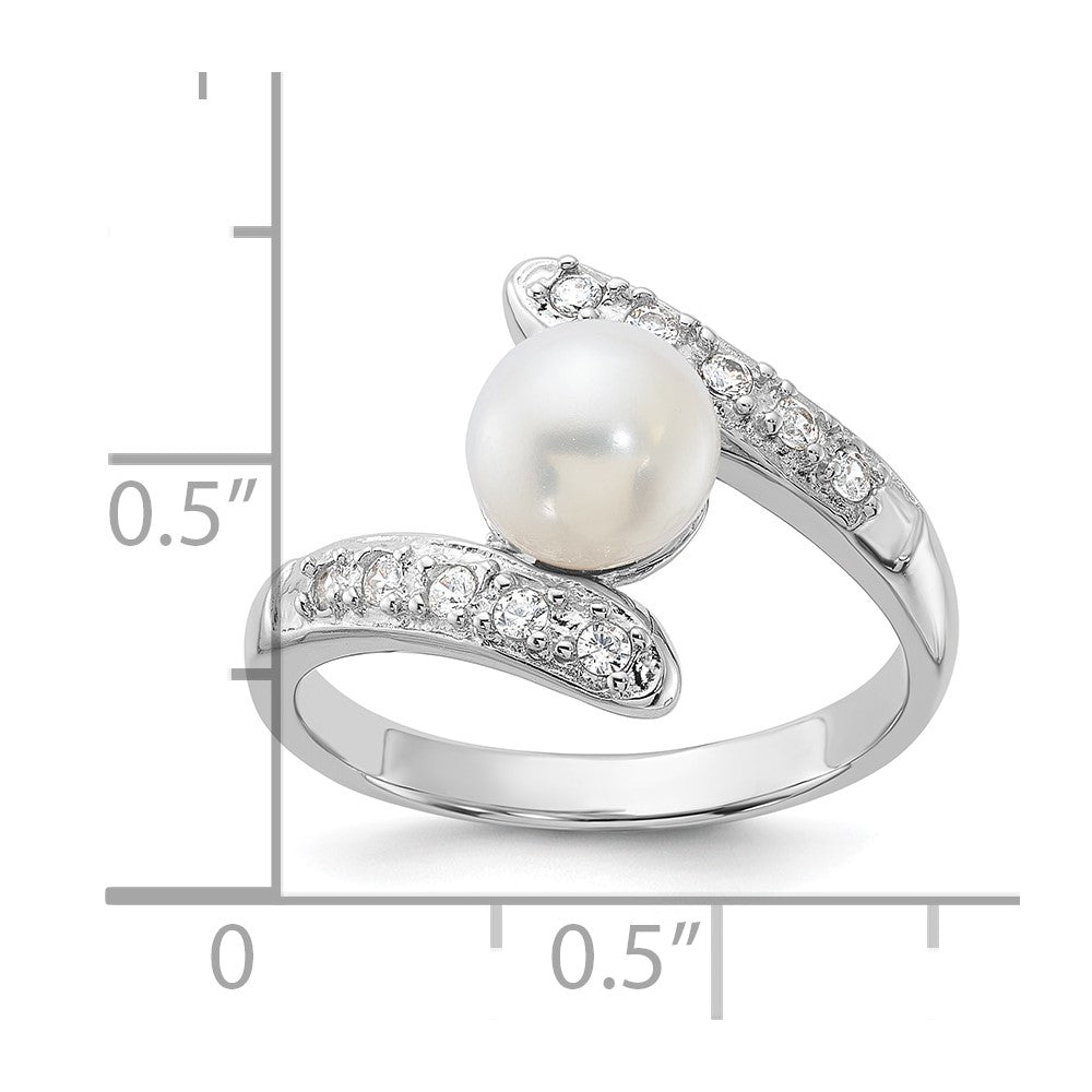 Sterling Silver Rhodium-plated 6-7mm White FWC Pearl/CZ Bypass Ring