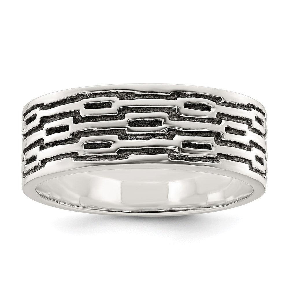 Sterling Silver Polished Oxidized Patterned Men's Band Ring