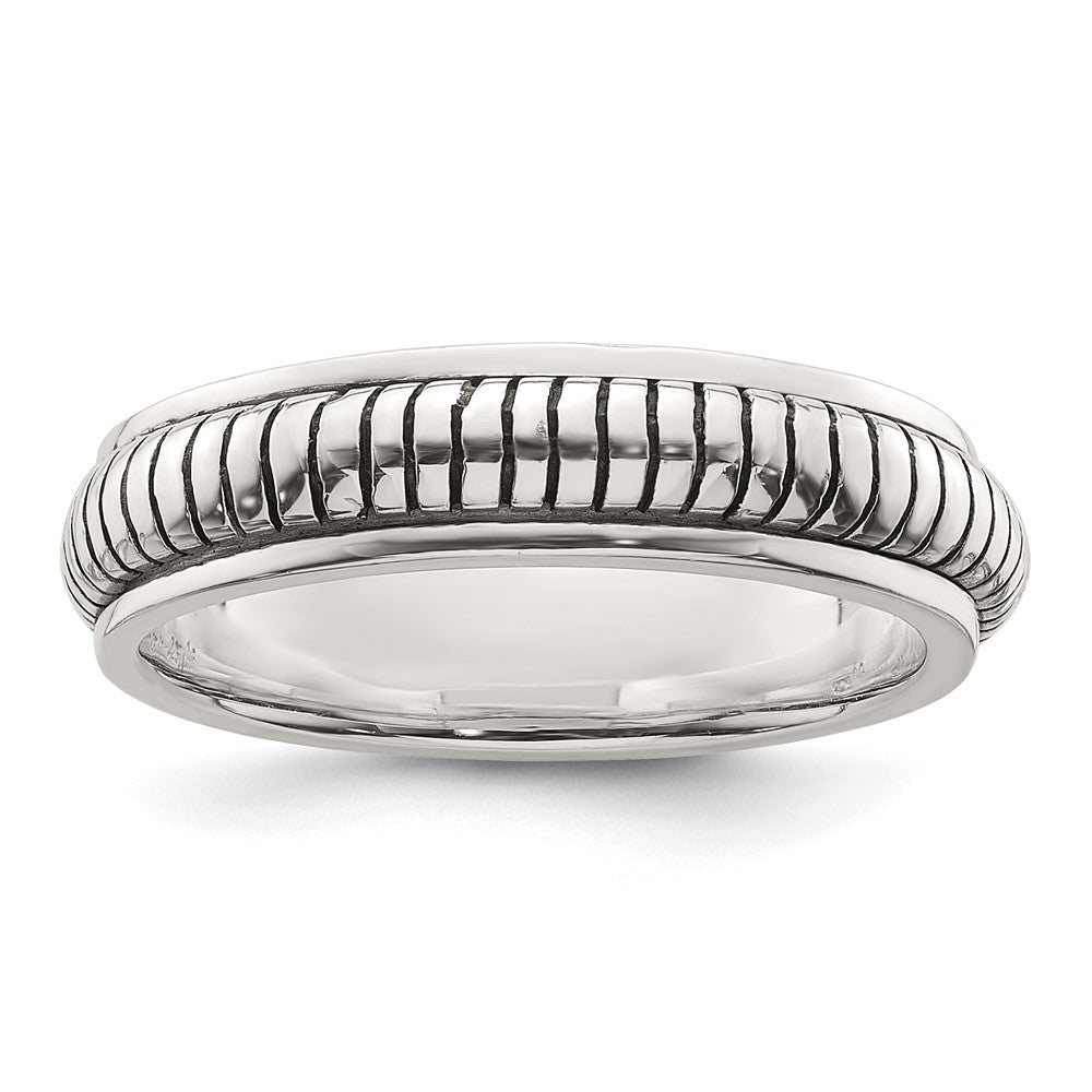 Sterling Silver Polished Oxidized Half Round Patterned Men's Ring