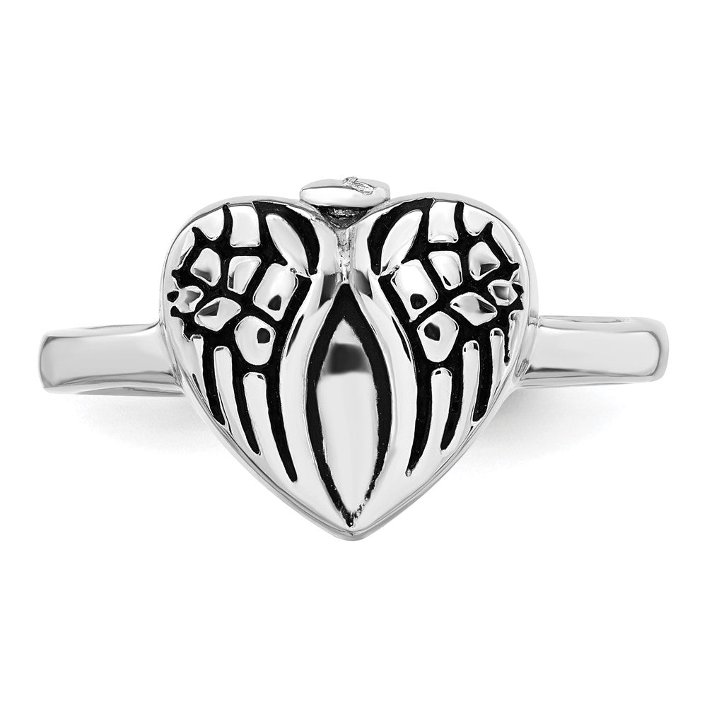 Sterling Silver Rhodium-plated Enameled Heart With Wings Ash Holder Ring