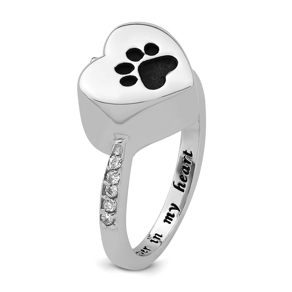 Sterling Silver RH-plated Enameled CZ Heart Paw Print Ash Holder Ring