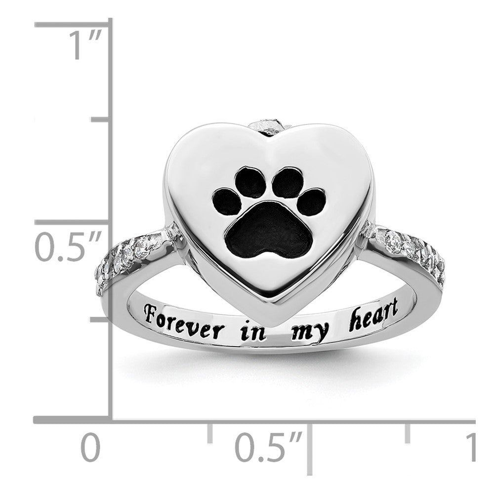 Sterling Silver RH-plated Enameled CZ Heart Paw Print Ash Holder Ring