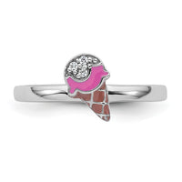 Sterling Silver RH-plated Enameled and CZ Ice Cream Cone Size 4 Ring