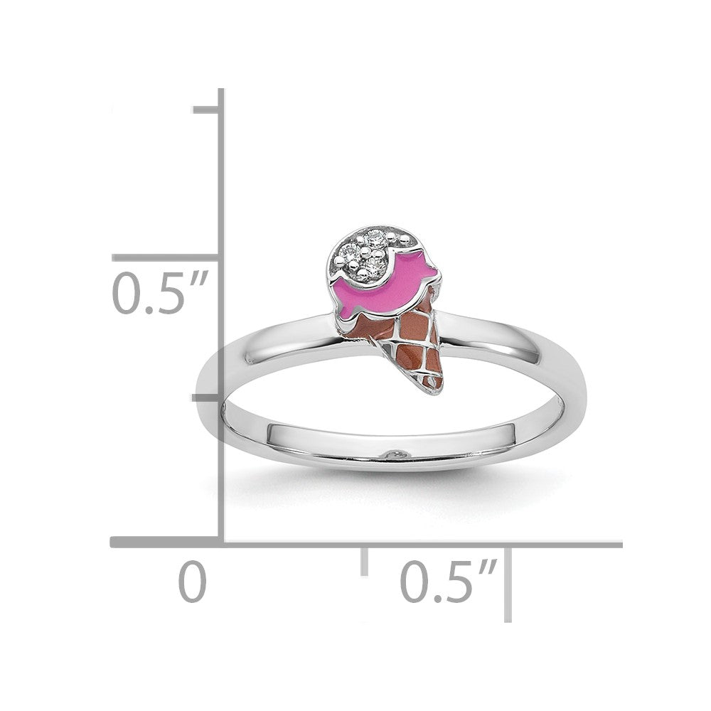 Sterling Silver RH-plated Enameled and CZ Ice Cream Cone Size 4 Ring