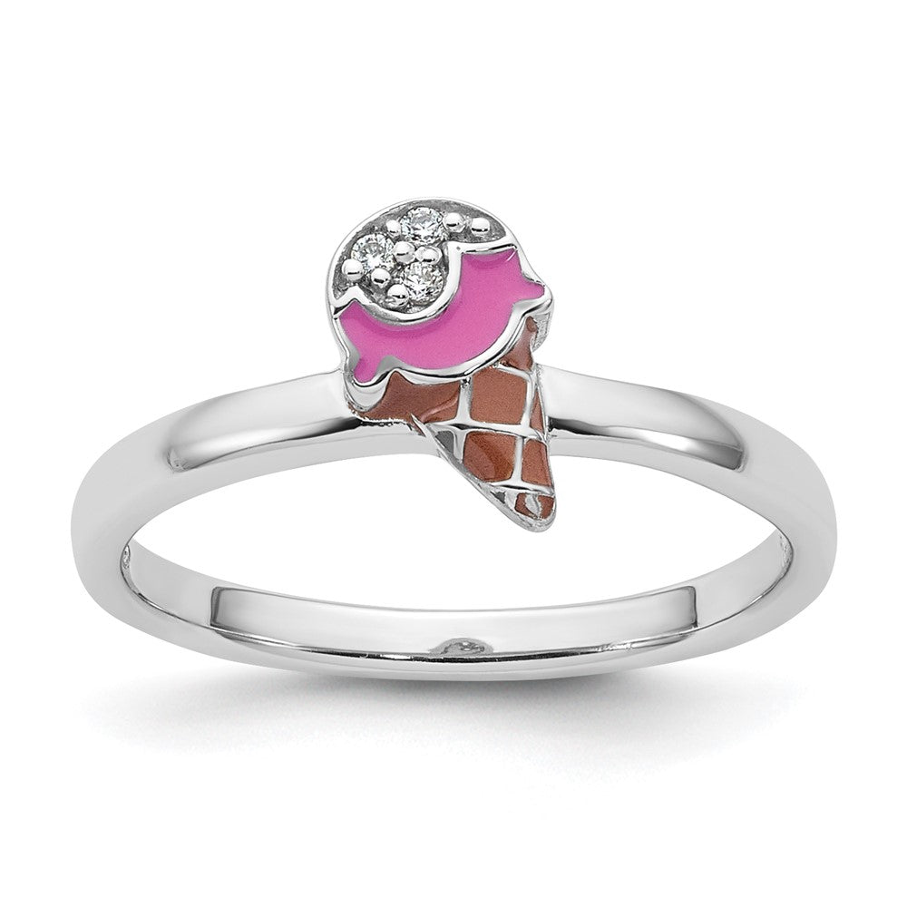 Sterling Silver RH-plated Enameled and CZ Ice Cream Cone Size 4 Ring