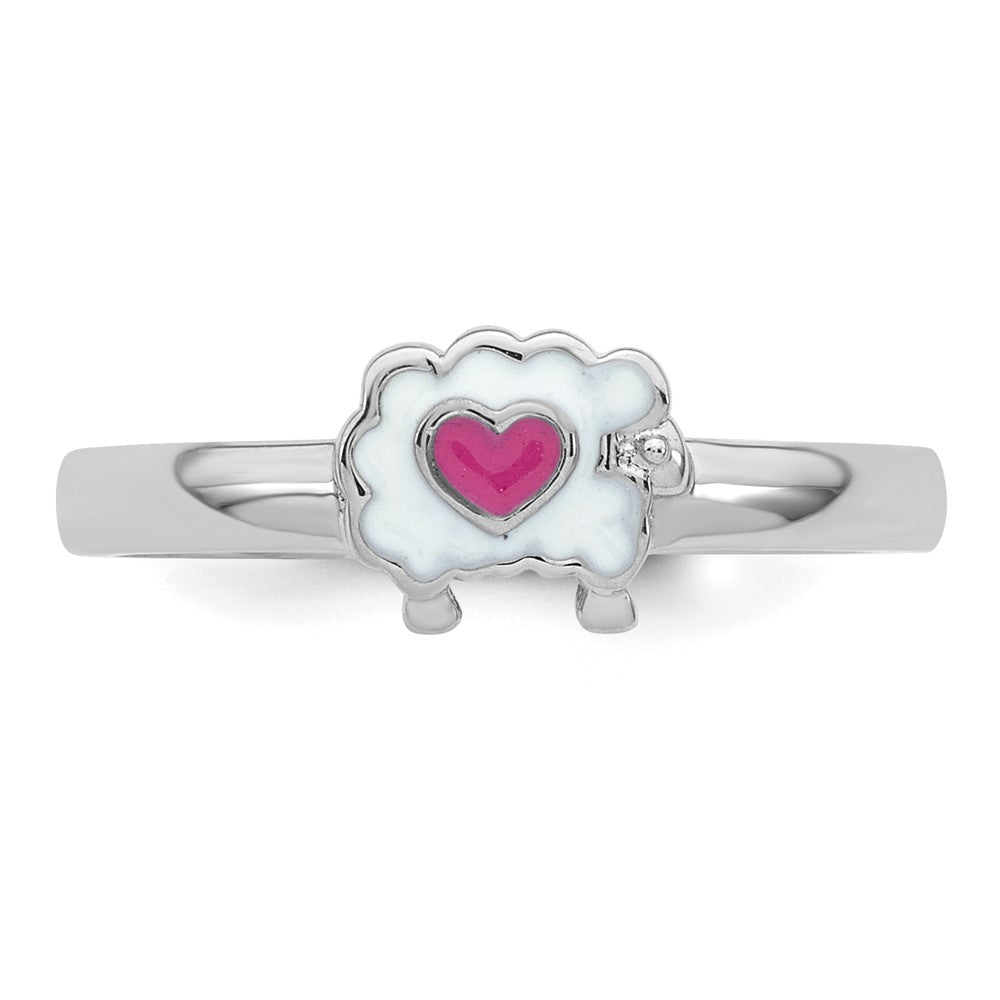 Sterling Silver Rhodium-plated Enamel Sheep w/ Heart Size 4 Ring