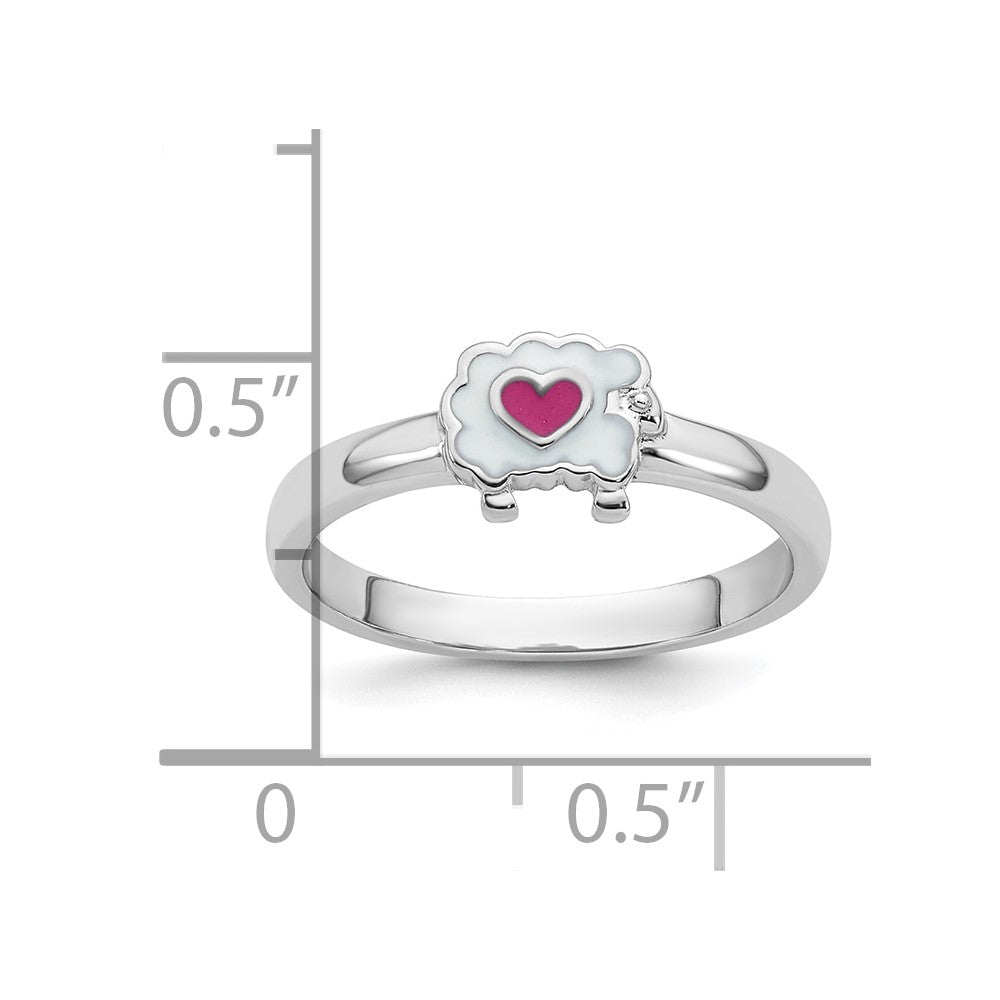 Sterling Silver Rhodium-plated Enamel Sheep w/Heart Size 3 Ring