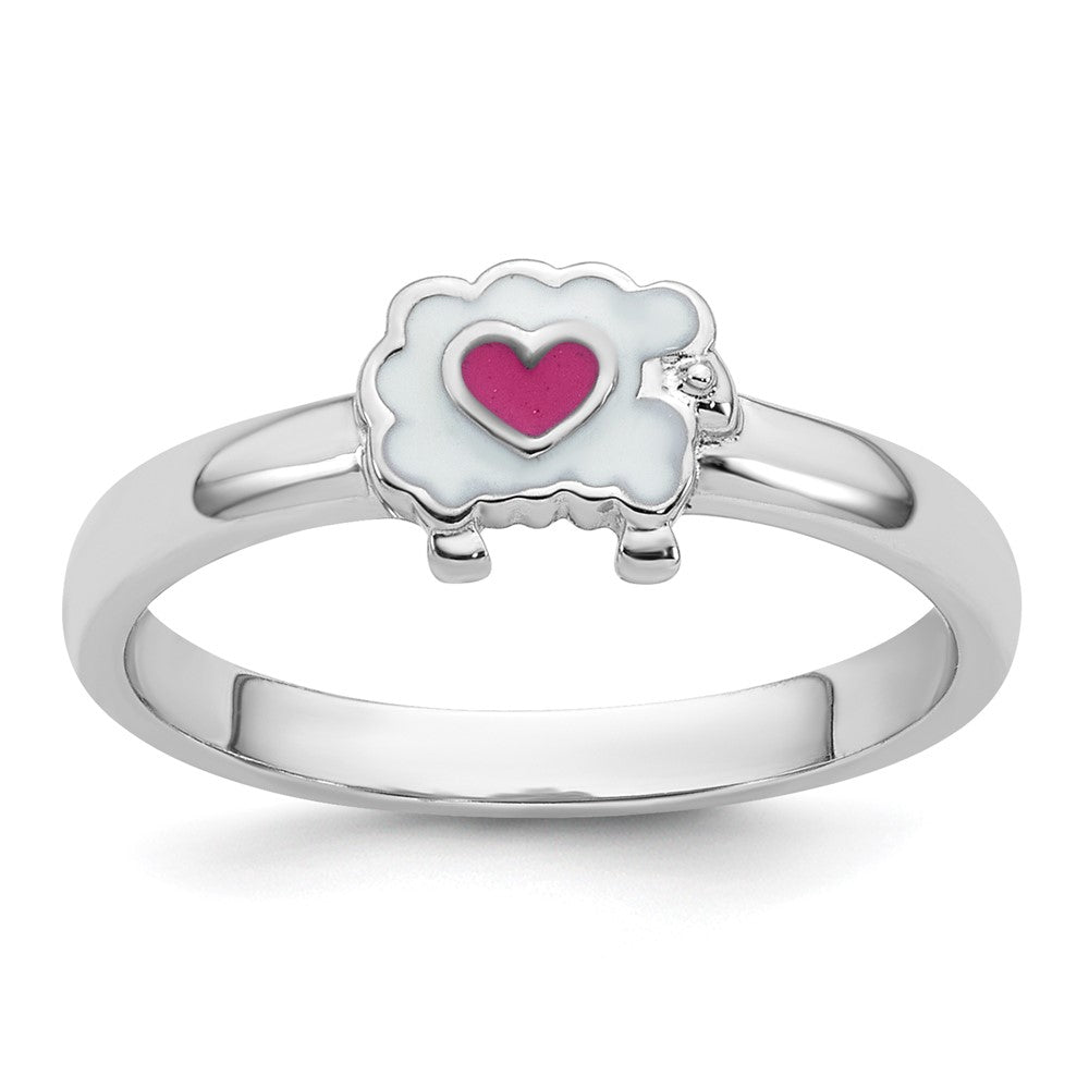 Sterling Silver Rhodium-plated Enamel Sheep w/ Heart Size 4 Ring