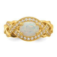 Sterling Silver Polished Gold-tone CZ and Created Opal Twisted Ring