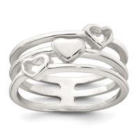 Sterling Silver Polished Hearts 3 Band Ring