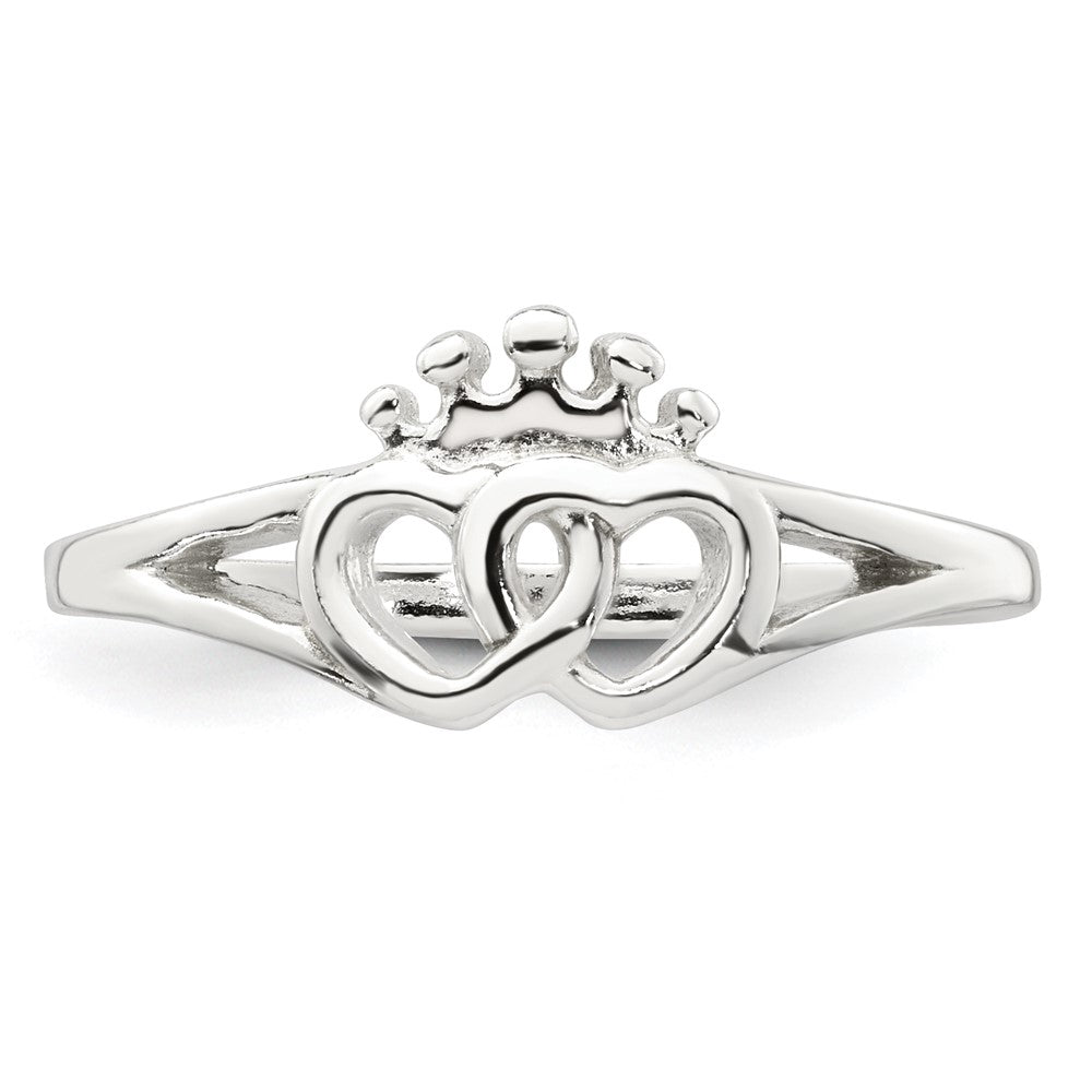 Sterling Silver Polished Interlocking Hearts With Crown Ring
