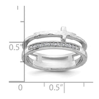 Sterling Silver Polished Rh-plated Hammered CZ Cross 2 Band Ring