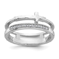 Sterling Silver Polished Rh-plated Hammered CZ Cross 2 Band Ring