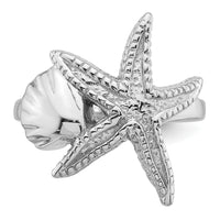 Sterling Silver Rhodium-plated Polished Sea Shell with Starfish Ring