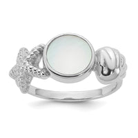 Sterling Silver Rhod-pl Polished MOP Sea Shell with Starfish Ring