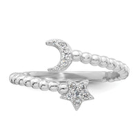 SS RH-plated Polished and Beaded Adjustable CZ Moon and Star Ring
