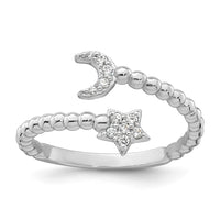 SS RH-plated Polished and Beaded Adjustable CZ Moon and Star Ring