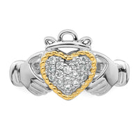 Sterling Silver RH-pl w/14k Accent Polished CZ Claddagh Ring