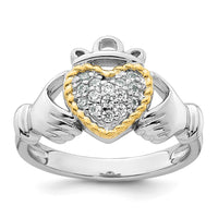 Sterling Silver RH-pl w/14k Accent Polished CZ Claddagh Ring