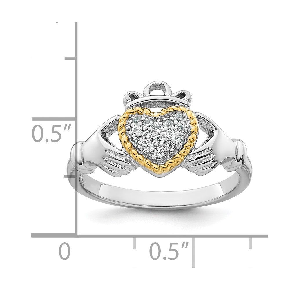 Sterling Silver RH-pl w/14k Accent Polished CZ Claddagh Ring