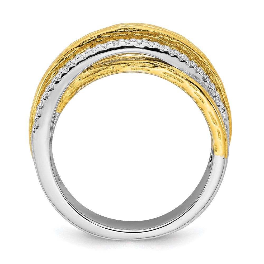 Sterling Silver Rhodium and Gold-tone CZ Brushed Ring