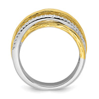 Sterling Silver Rhodium and Gold-tone CZ Brushed Ring