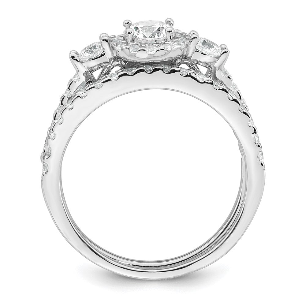 Sterling Silver RH-plated Polished CZ 3-Stone Halo Engagement Ring Set