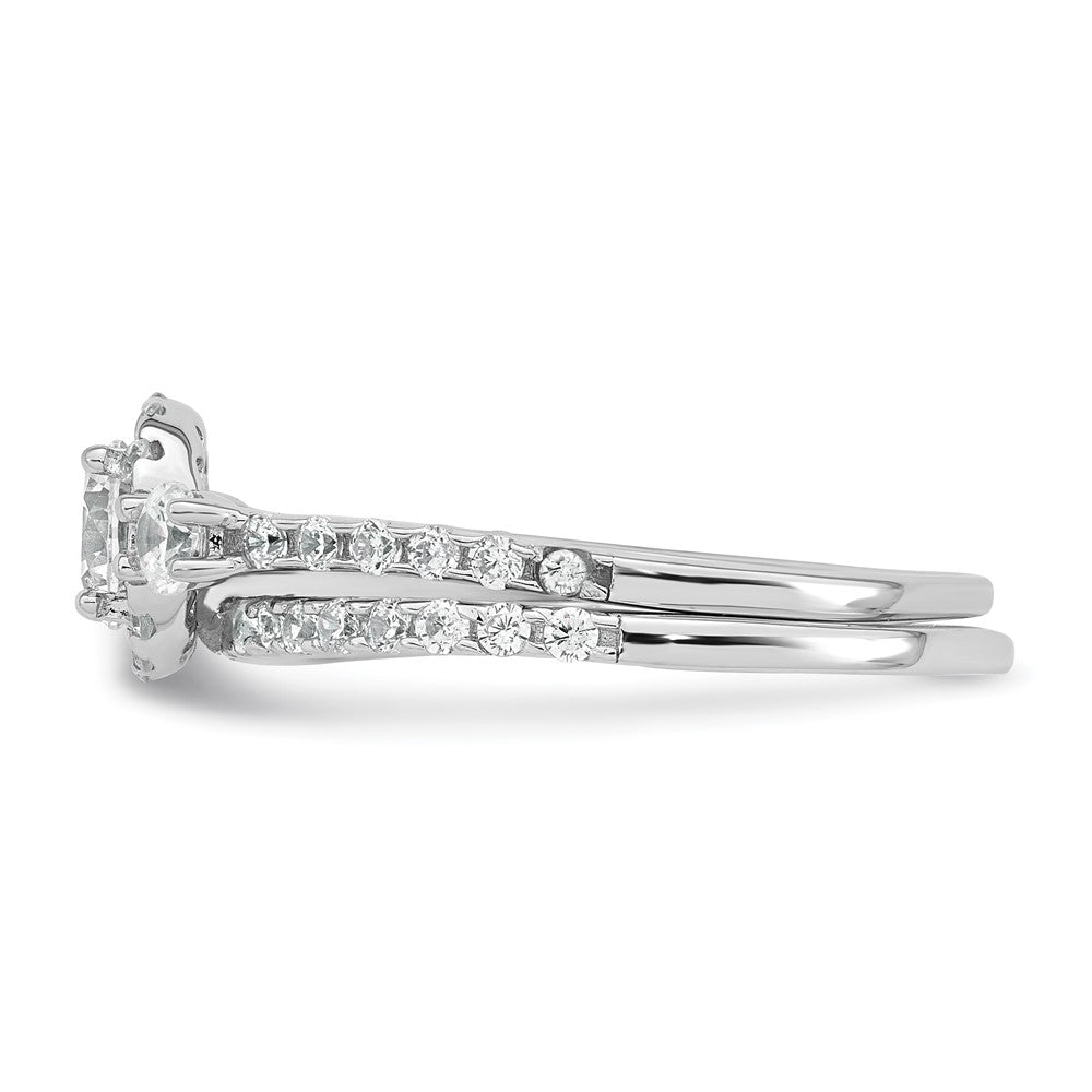 Sterling Silver RH-plated Polished CZ 3-Stone Halo Engagement Ring Set