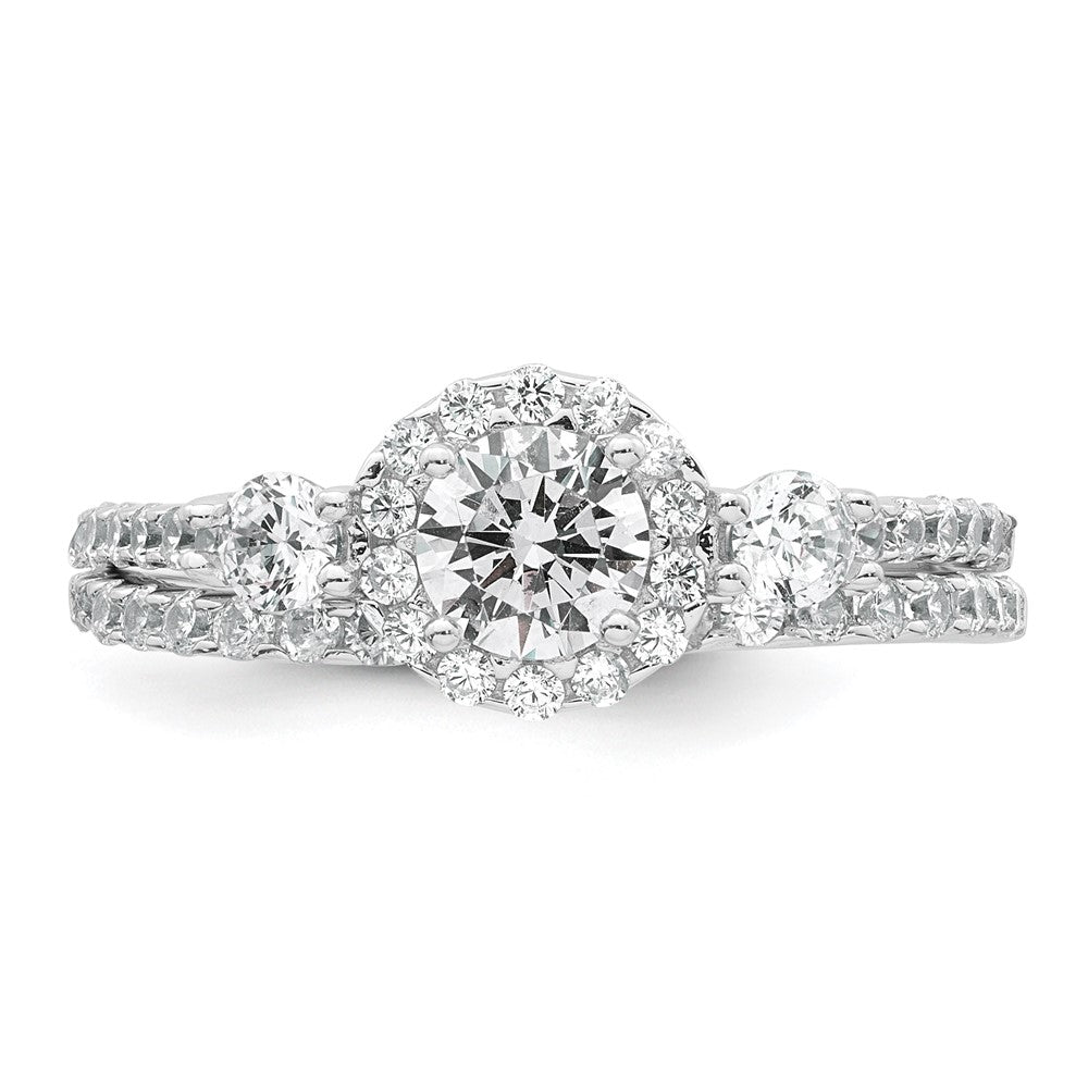 Sterling Silver RH-plated Polished CZ 3-Stone Halo Engagement Ring Set