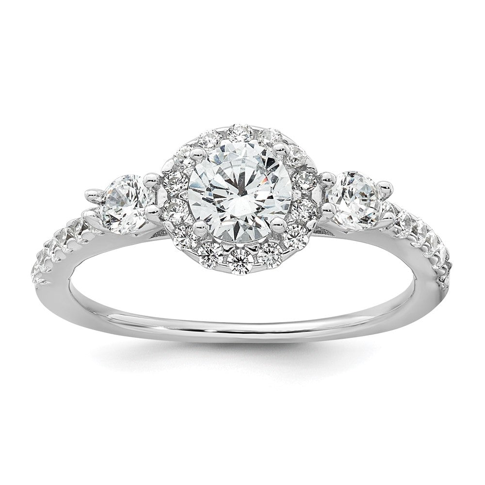 Sterling Silver RH-plated Polished CZ 3-Stone Halo Engagement Ring Set