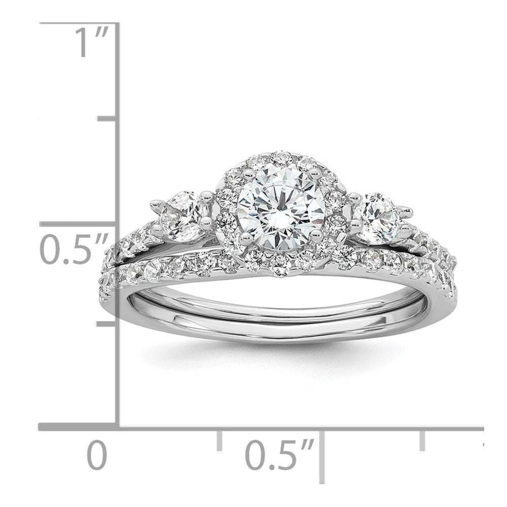 Sterling Silver RH-plated Polished CZ 3-Stone Halo Engagement Ring Set