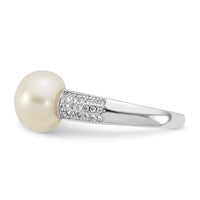 Sterling Silver Rh-plated 9-10mm Button FWC Pearl and CZ Ring