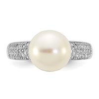 Sterling Silver Rh-plated 9-10mm Button FWC Pearl and CZ Ring