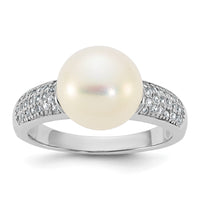 Sterling Silver Rh-plated 9-10mm Button FWC Pearl and CZ Ring