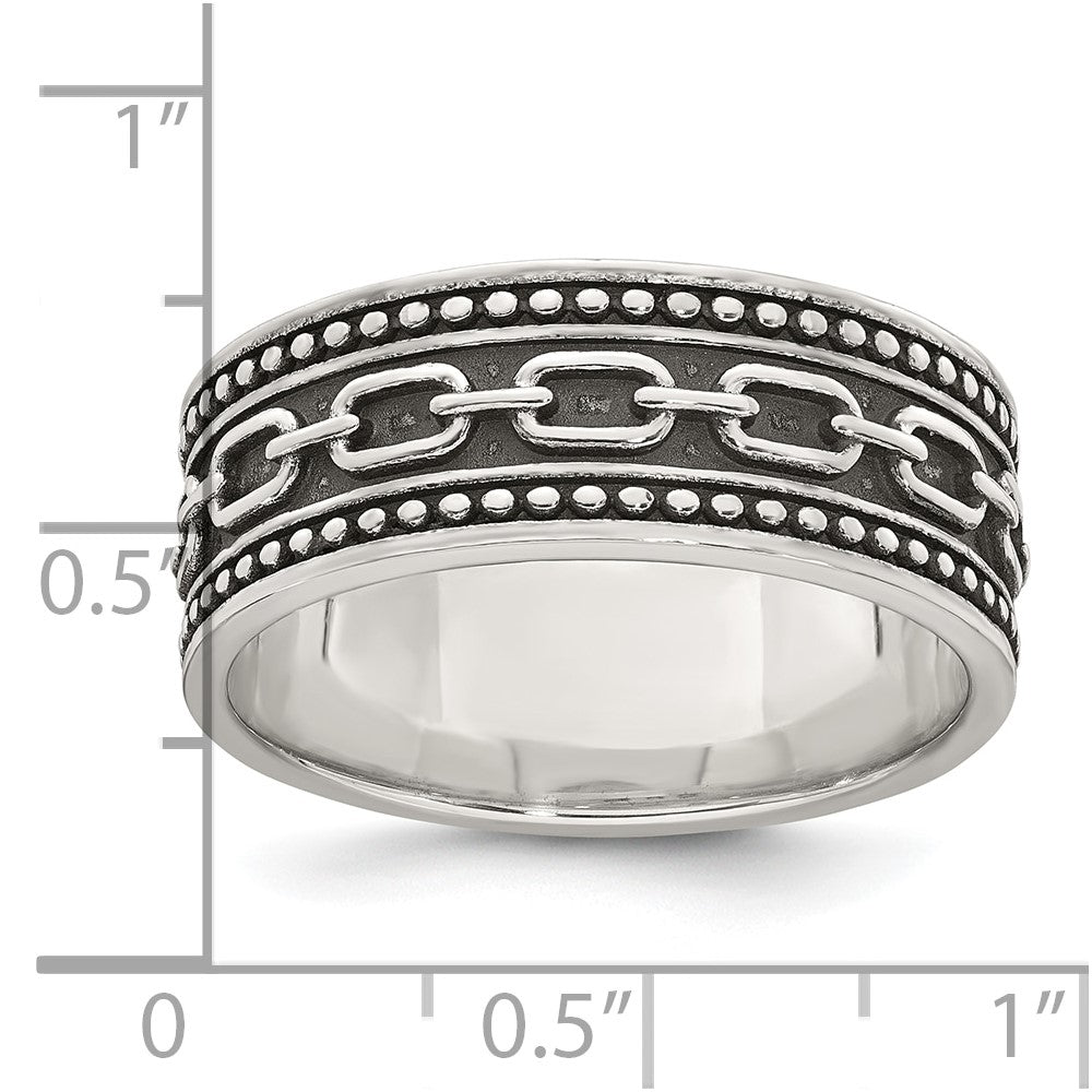 Sterling Silver Polished Beaded Antiqued Chain Link Men's Ring