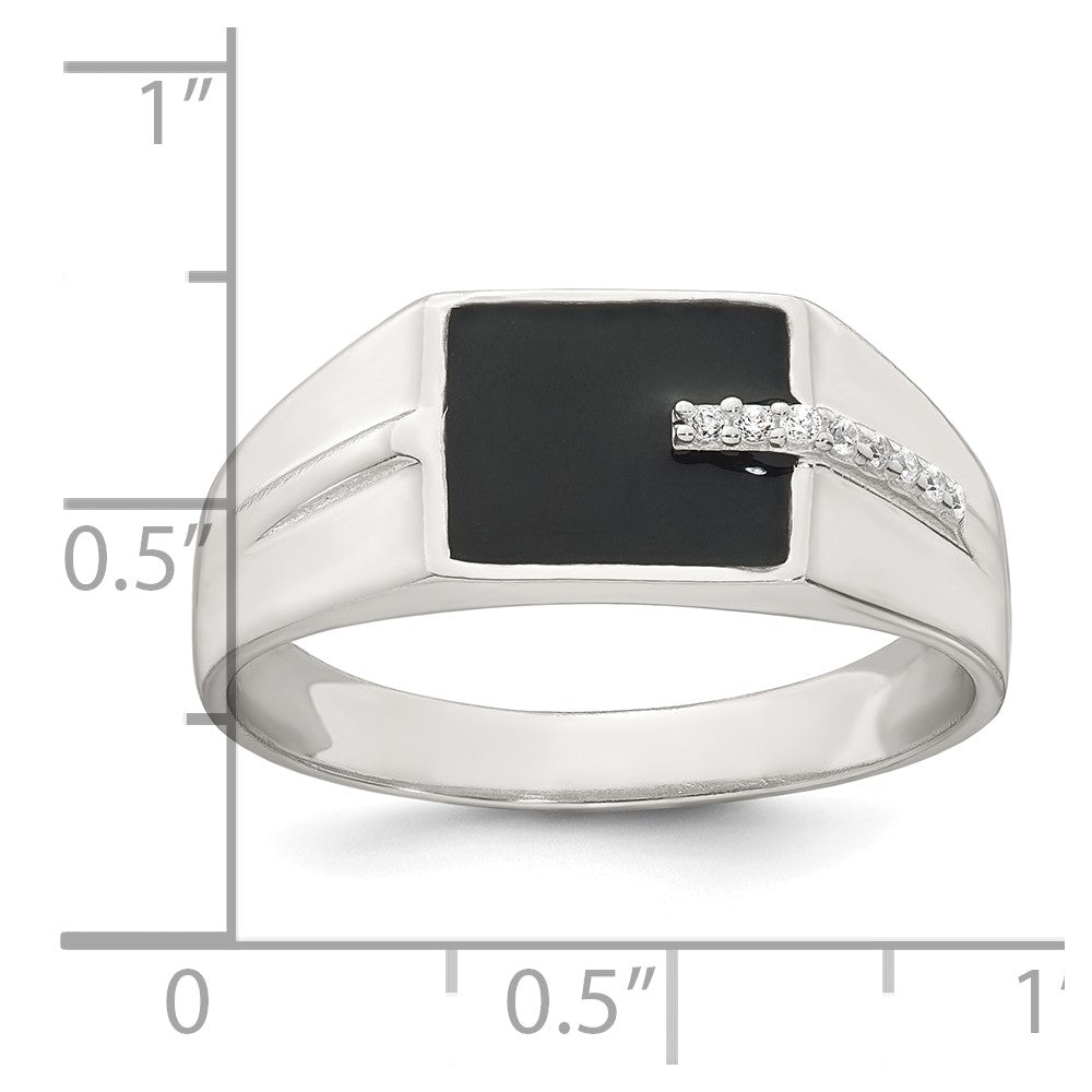 Sterling Silver Polished Black Enamel CZ Men's Signet Ring