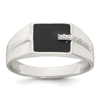 Sterling Silver Polished Black Enamel CZ Men's Signet Ring
