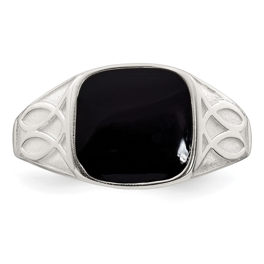 Sterling Silver Polished and Textured Black Enamel Men's Signet Ring