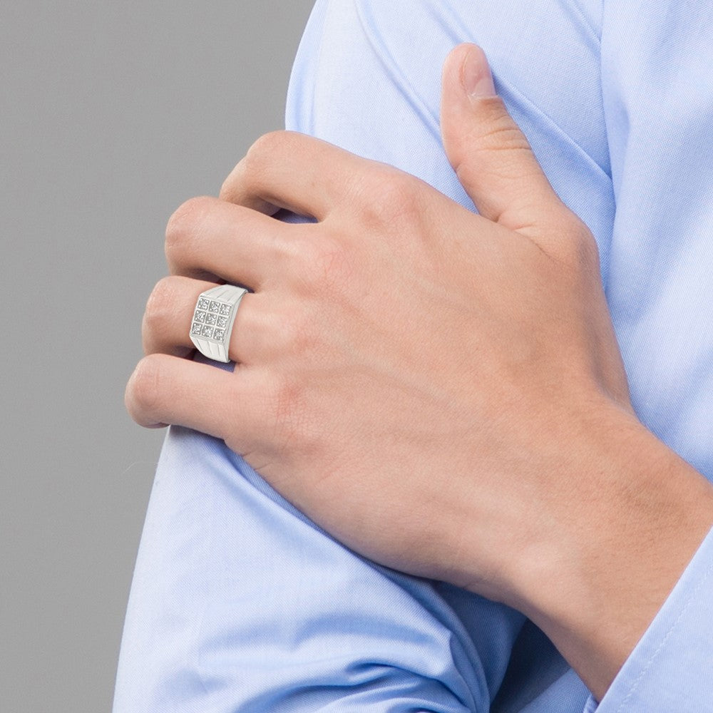 Sterling Silver Polished and Grooved CZ Square Men's Ring