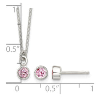 Sterling Silver Pink Bezel CZ Necklace and Stud Earrings Set