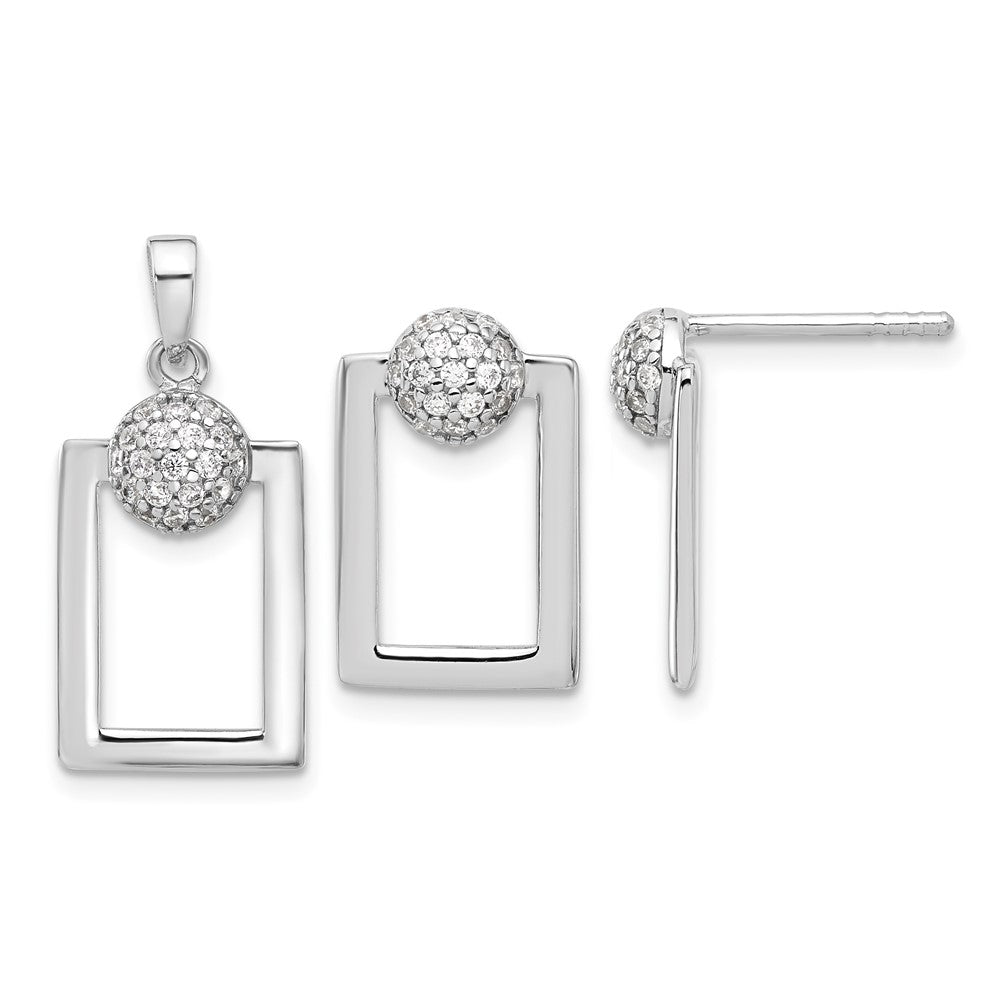 Sterling Silver RH-plated Micro Pave CZ Rectangle Earrings and Pendant Set