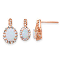 SS Rose-plated Polished Cr. Opal and CZ Post Earrings and Chain Slide Set