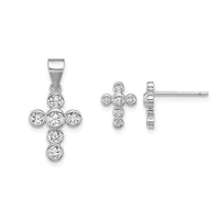 SS RH-plated Polished Bezel CZ Cross Post Earrings and Pendant Set