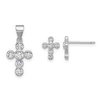 SS RH-plated Polished Bezel CZ Cross Post Earrings and Pendant Set