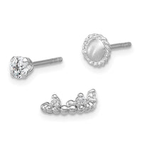 SS RH-pltd Textured CZ Stud/Circle/Ear Cuff Set of 3 Single Earring Set