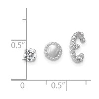 SS RH-pltd Textured CZ Stud/Circle/Ear Cuff Set of 3 Single Earring Set