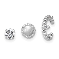 SS RH-pltd Textured CZ Stud/Circle/Ear Cuff Set of 3 Single Earring Set