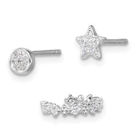 SS RH-pltd Polished CZ Star Circle and Ear Cuff Set of 3 Single Earring Set